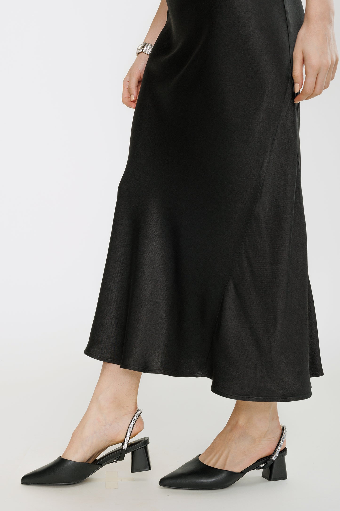 Asymmetric Midi Satin Skirt - Black