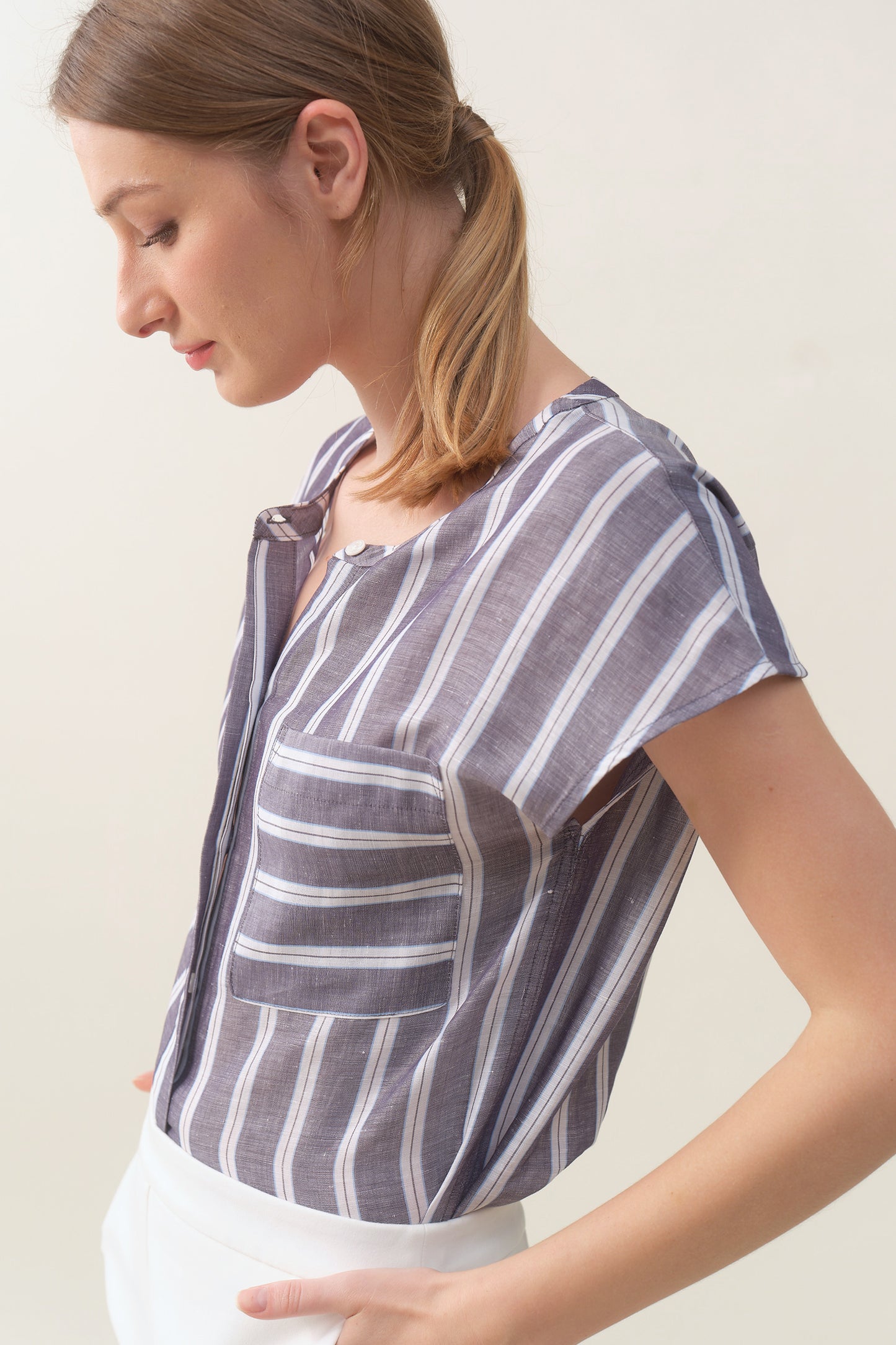 Cap-sleeve Relaxed Shirt - Chambray Stripe