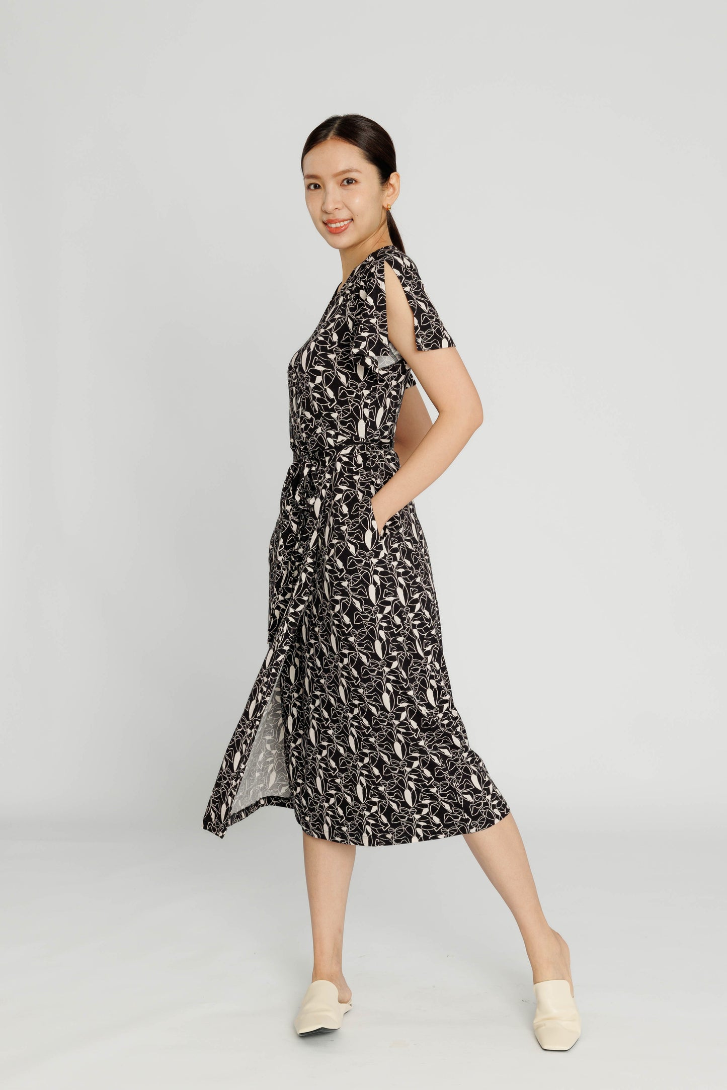 Flutter-sleeve Midi Wrap Dress - Black Botanical