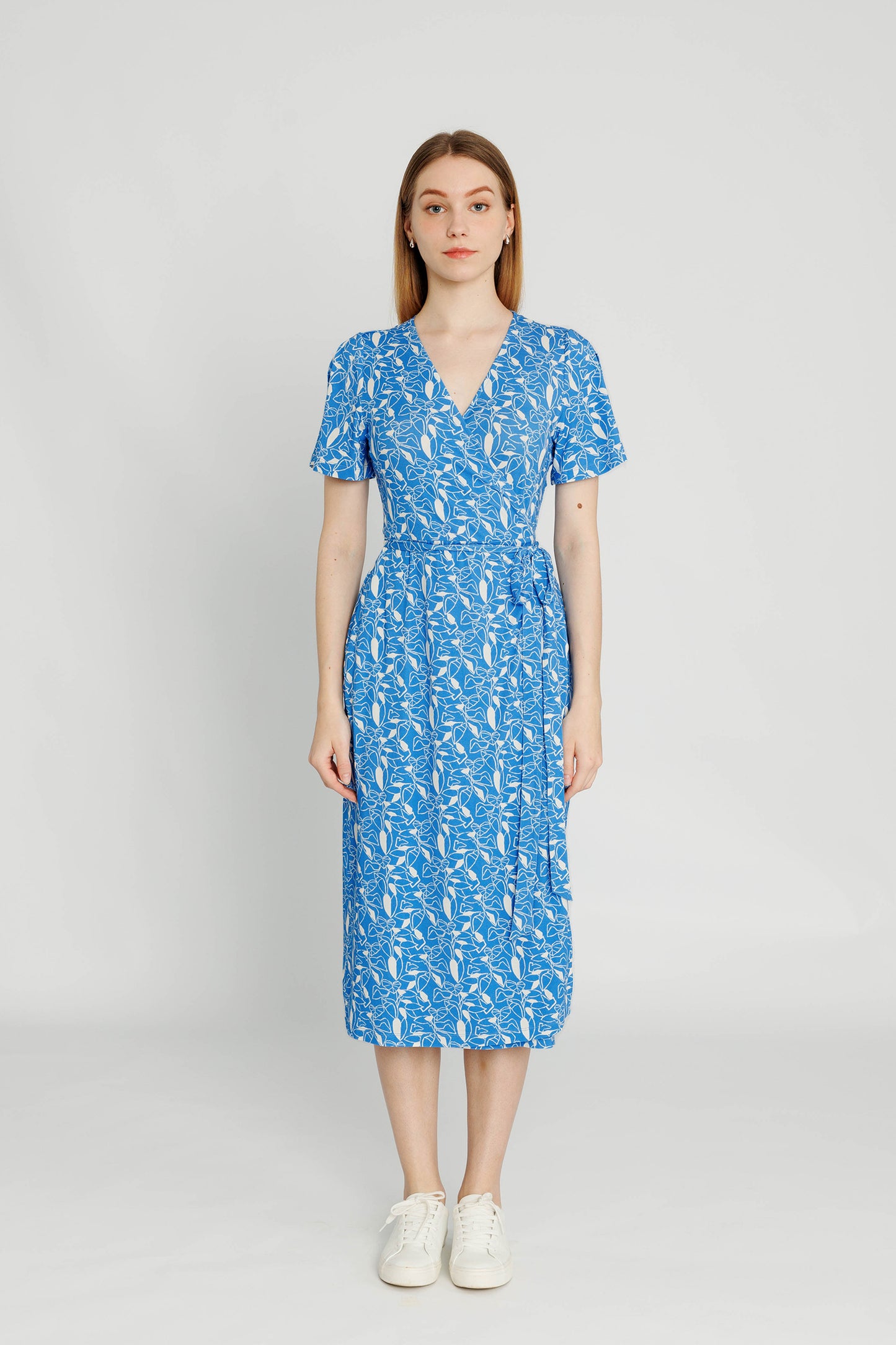 Flutter-sleeve Midi Wrap Dress - Blue Botanical