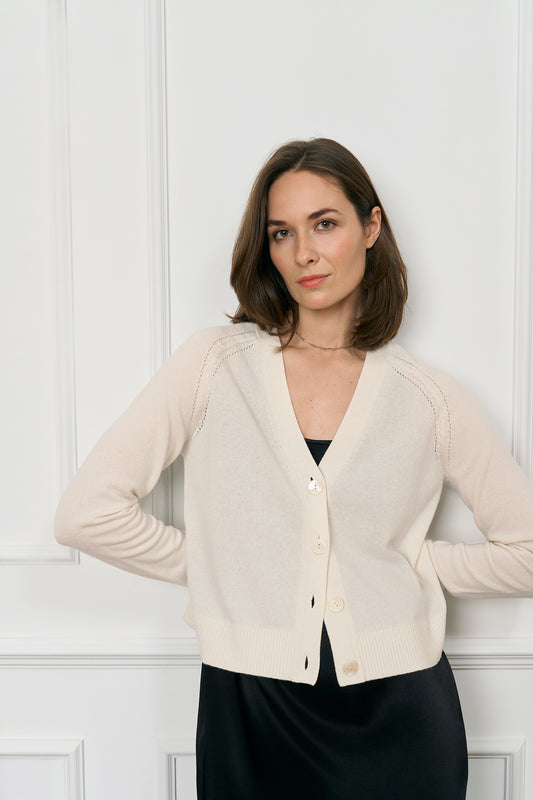 Pointelle Raglan Cashmere Cardigan - Cream