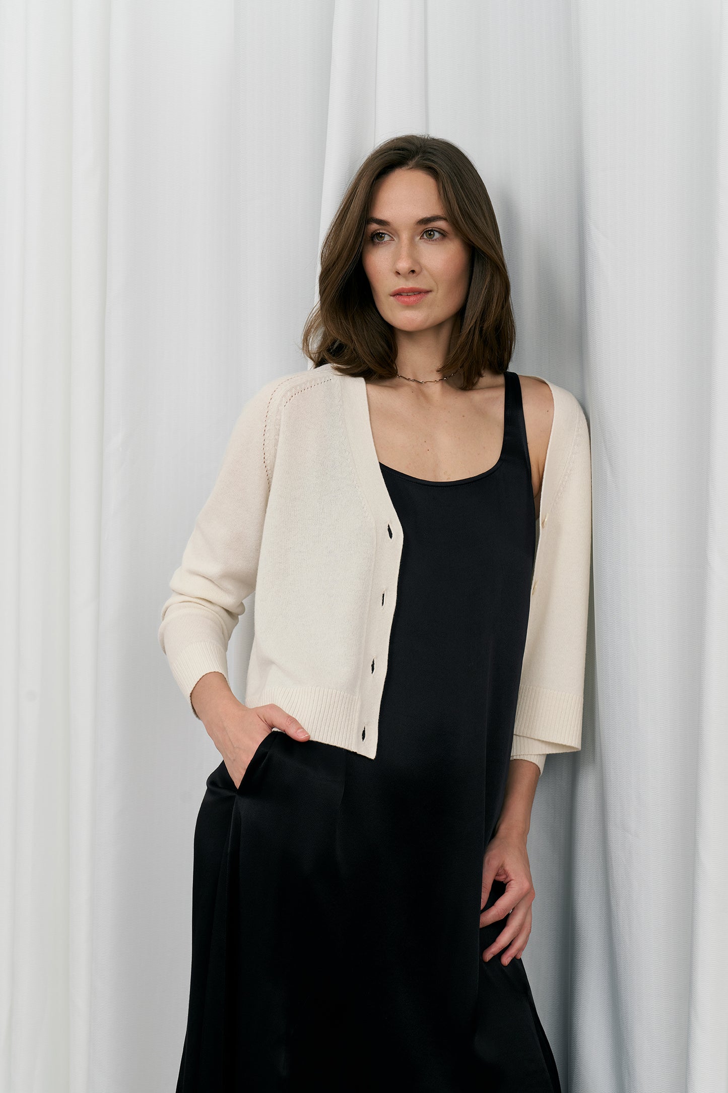 Pointelle Raglan Cashmere Cardigan - Cream