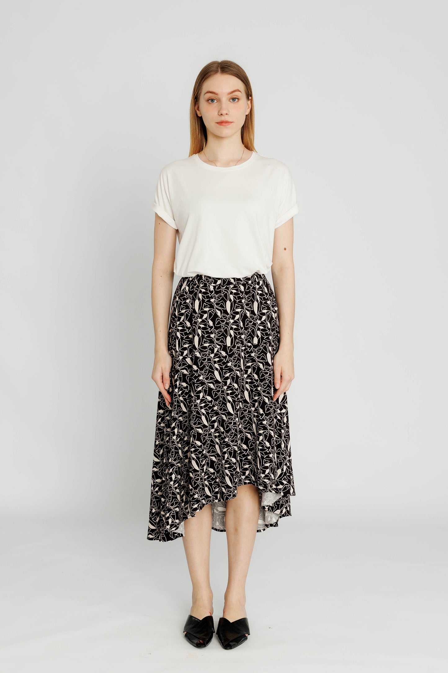 Pull-on Midi Wrap Skirt - Black Botanical