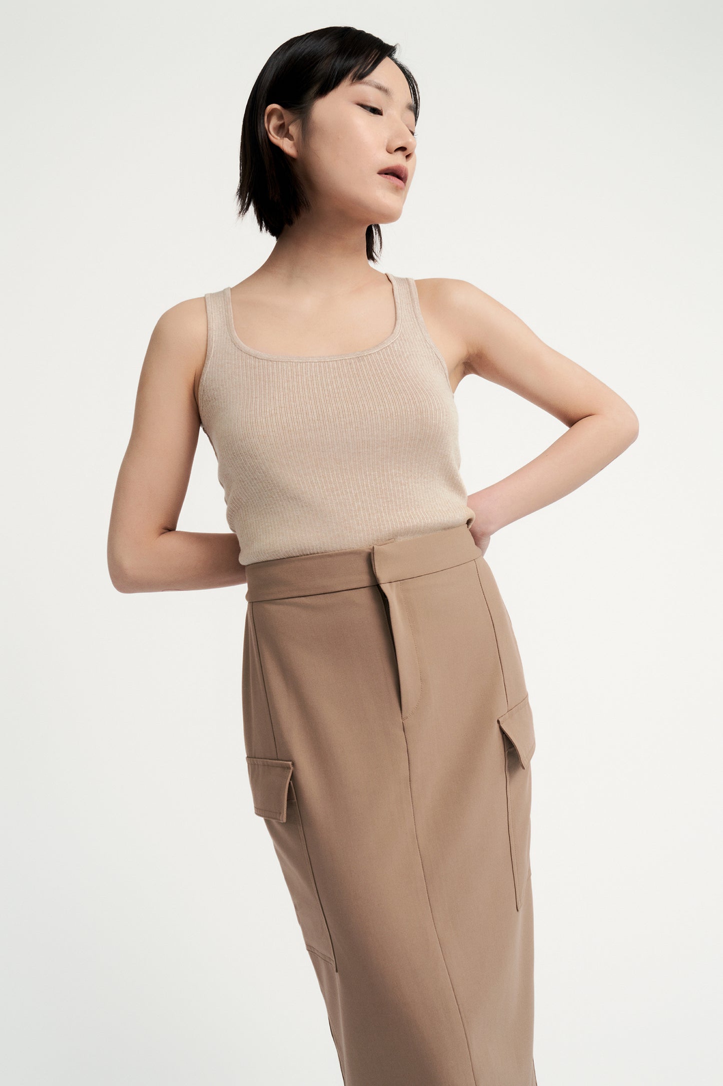 Ribbed Square-neck Knit Tank - Latte