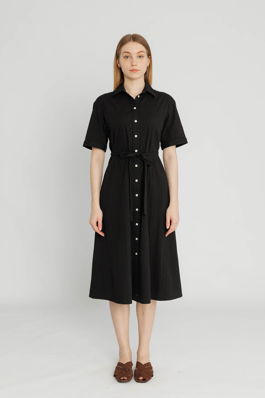 Short-sleeve Midi Shirtdress - Black