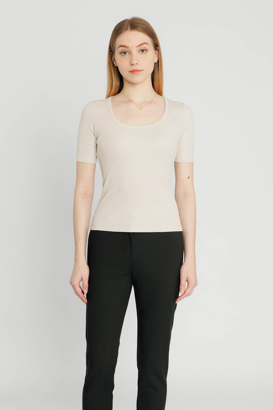 Square Neck Ribbed Tee - Biscuit