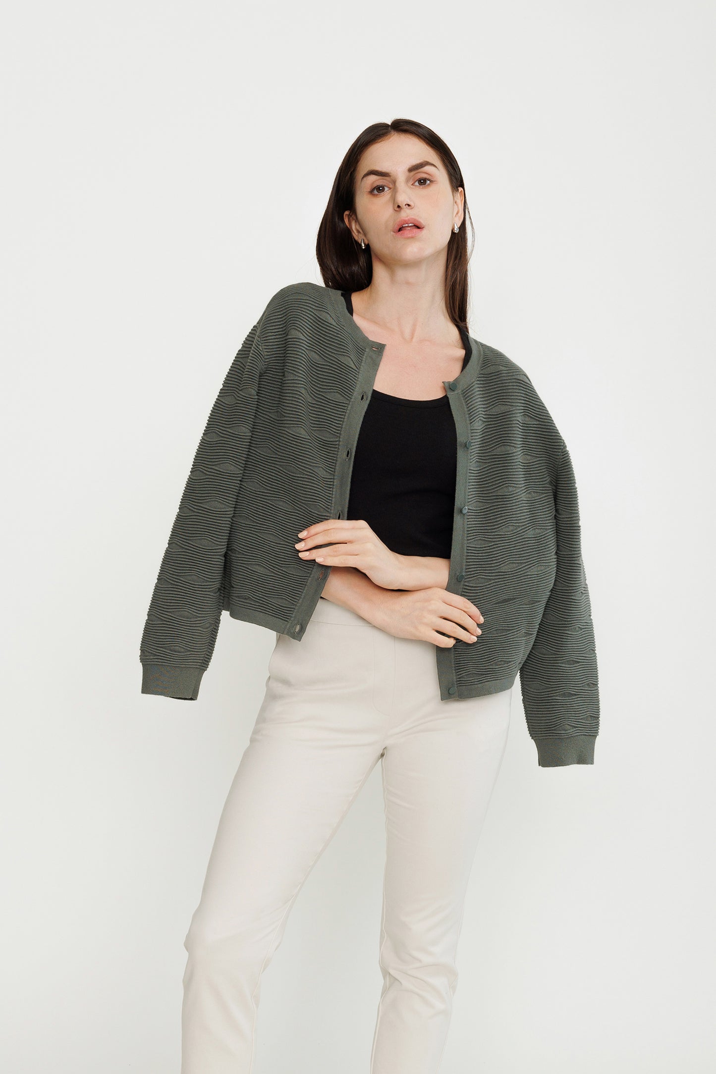 Textured Cotton Sweater-Jacket - Dark Olive