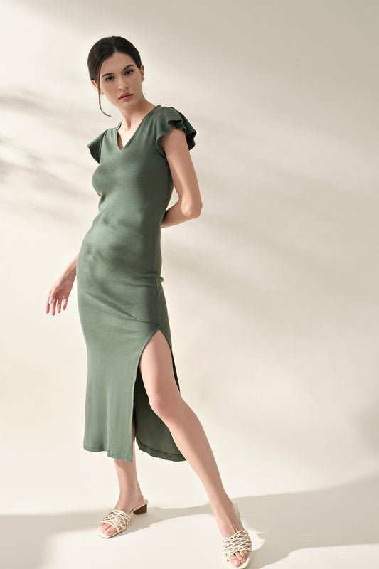 Ruffle Sleeve Ribbed Midi Dress - Sage