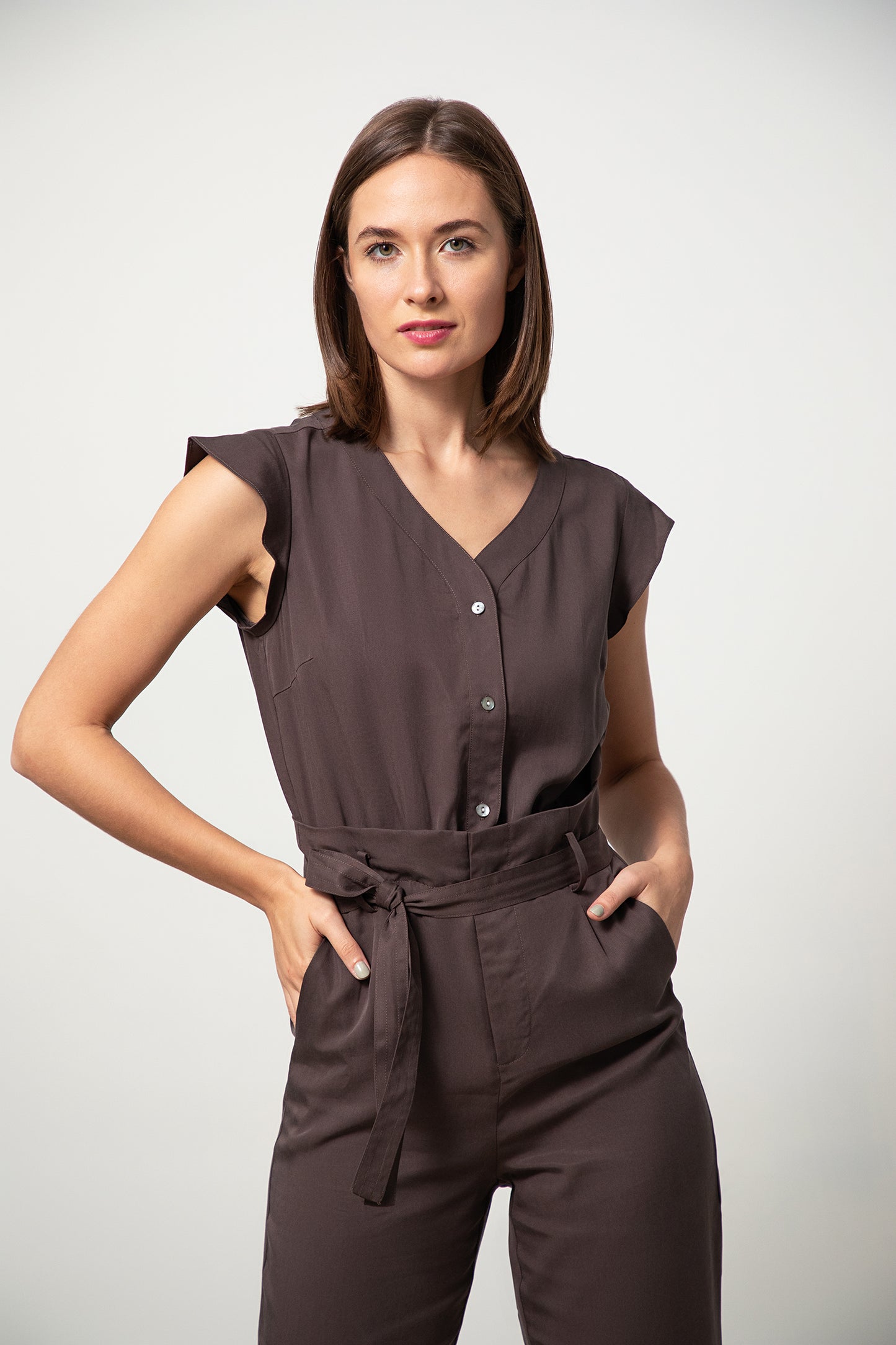 Short-sleeve Jumpsuit - Espresso