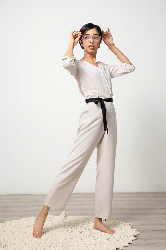 V-neck Jumpsuit - Natural