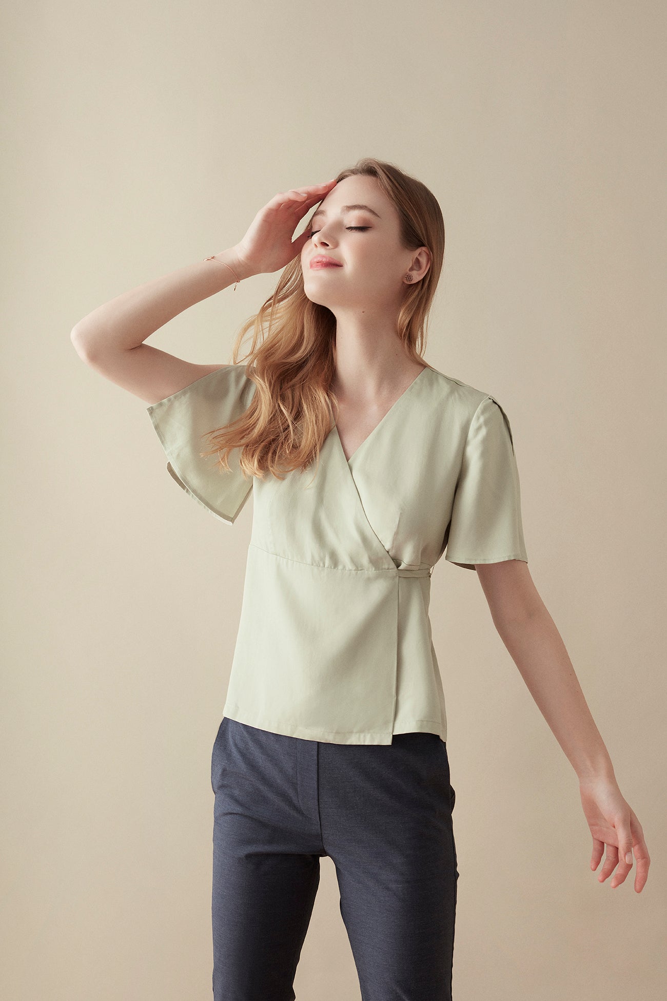 Flutter-sleeve Wrap Blouse - Light Jade