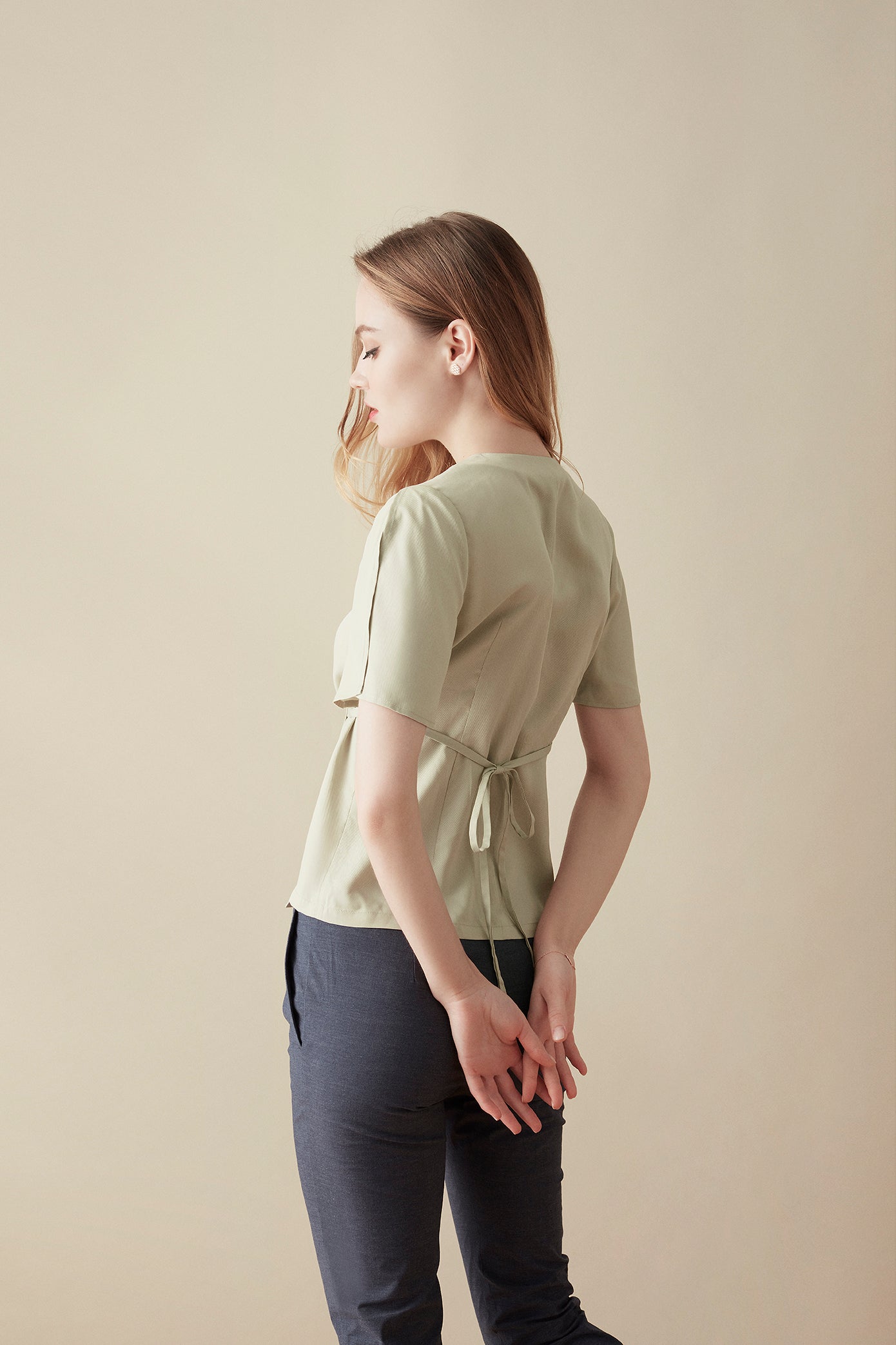 Flutter-sleeve Wrap Blouse - Light Jade